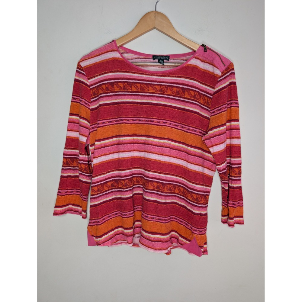 LRL Lauren Jeans Co Ralph Lauren Women's Striped 3/4 Sleeve Top XL zipper Waffle